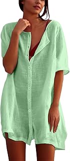 Strandkleid Damen Luftig Strandkleider Sommer Strandtunika Baumwolle Bikini Cover Up Strandponcho Große Größen Rund Ausschnitt Knopfleiste Kurzarm Blusenkleid Pareo Strand Shirt für Urlaub