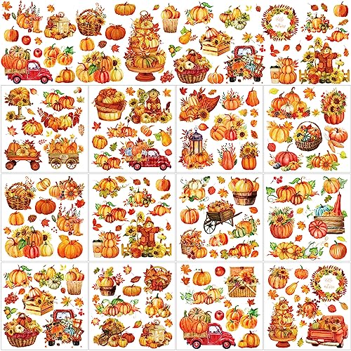BBTO 12 Sheets Thanksgiving Rub on Transfers for Crafts and Furniture Fall Pumpkin Maple Leaf Sunflower Rub on Decals Autumn Stickers for Home Office Paper Wood DIY Crafts, 5.5 x 5.5 Inch