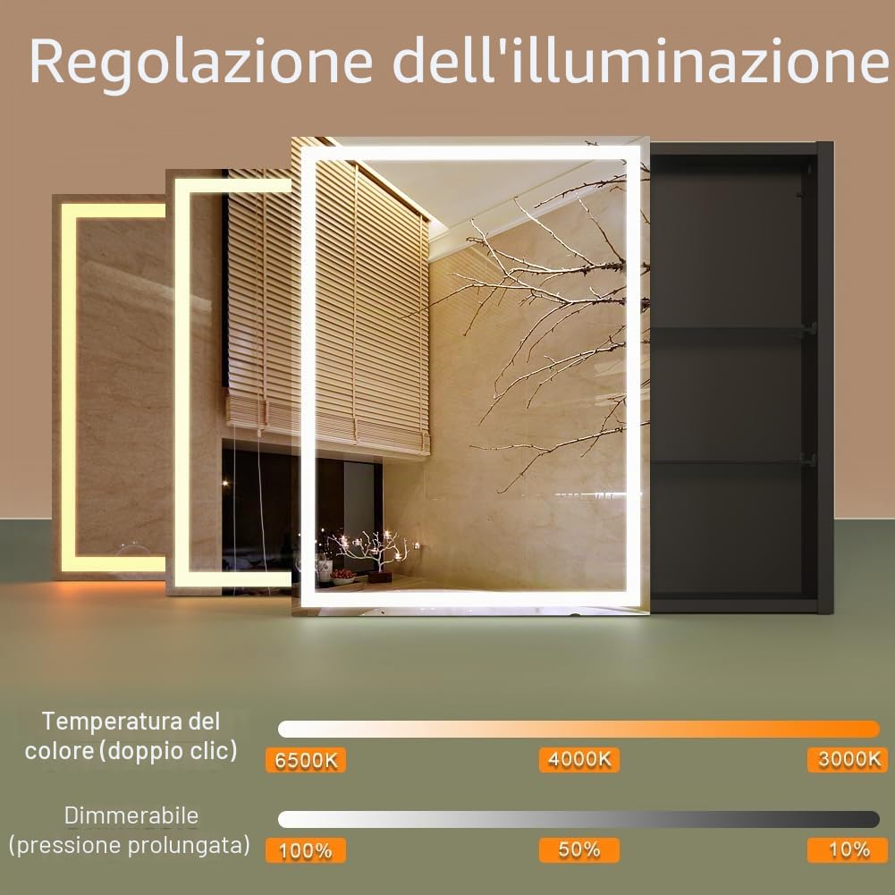 KWW LED Illuminato Bagno Medicine Cabinet con Specchio, Temperatura di Colore Regolabile, Luci Dimmabili Anti-Nebbia, Outlet & USBs, Armadio Medico Montato A Parete (75.2_x_70_cm)