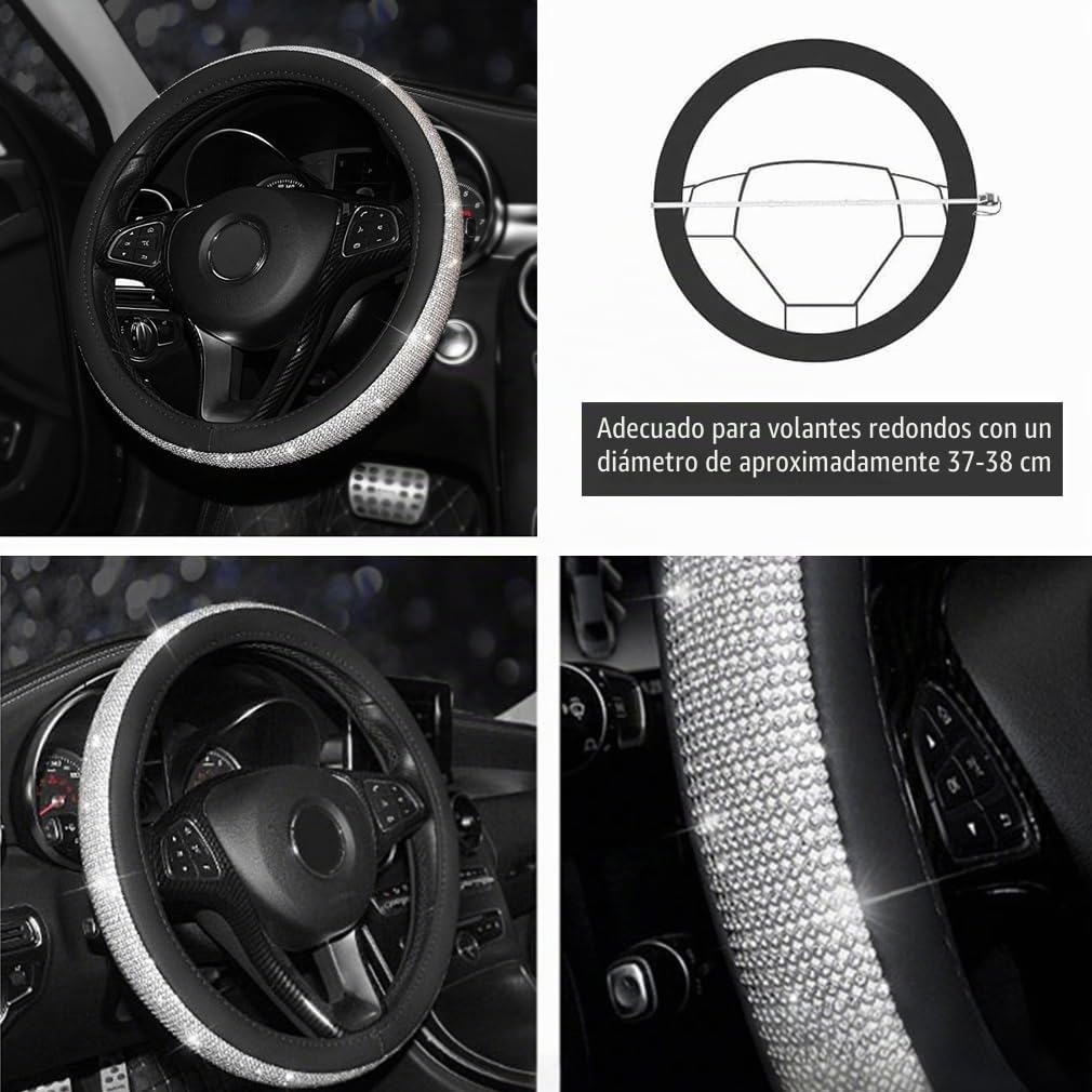 Pahajim Funda Volante Coche Bling Bling Rhinestones Cubre Volante Cuero de PU Antideslizante Universal 38 cm/15 Steering Wheel Cover para Mujer (Negro-Blanco)
