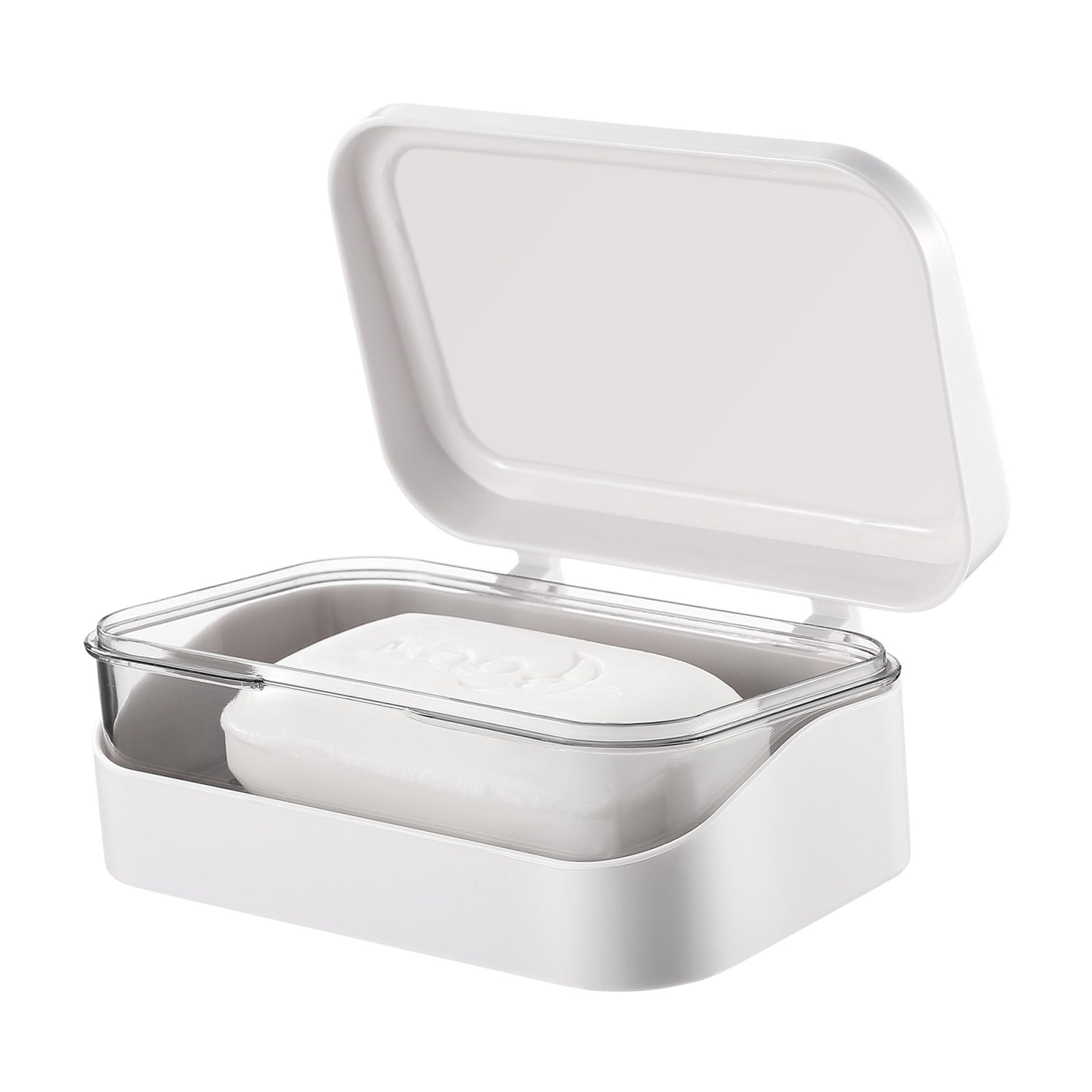 Soap Box with Removable Drainer and Lid, Portable Soap Case Holder, 2 Layers Rectangular Soap Dish Container for Bathroom, Shower, Home, Gym (White)