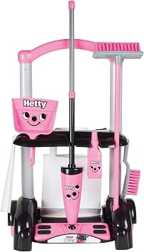 Casdon Henry & Hetty Toys - Hetty Cleaning Trolley - Pink Hetty-Inspired Toy Playset with Mop, Brushes, Dustpan, Accessories - Kids Cleaning Trolley Set - for Children Aged 3+