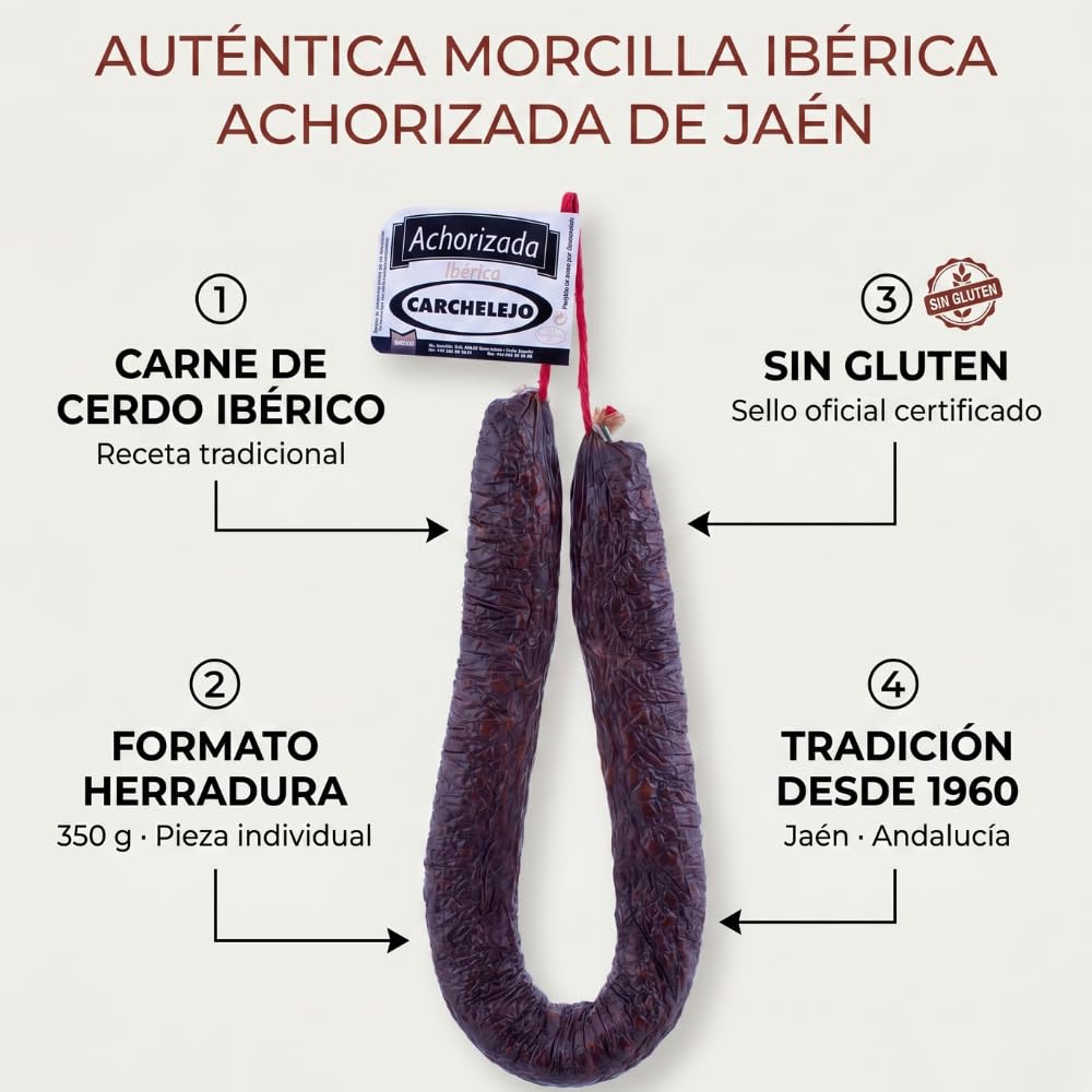 Morcilla Ibérica Achorizada 350g – Achorizada Ibérica Tradicional de Jaén con Cerdo Ibérico y Pimentón – Embutido Curado Sin Gluten – Pieza en Herradura – Ideal Tapas, Plancha y Guisos