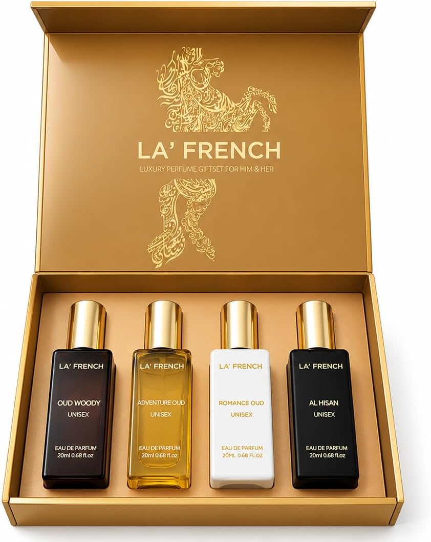 LA' French Oudh Perfume Gift Set 4 | Extra Long Lasting Oud Perfume Scent | Eau De Parfum | Adventure Oud | Romance Oud | Al Hisan | Oud Woody | Unisex Gift Set (20 Ml (Pack Of 4))