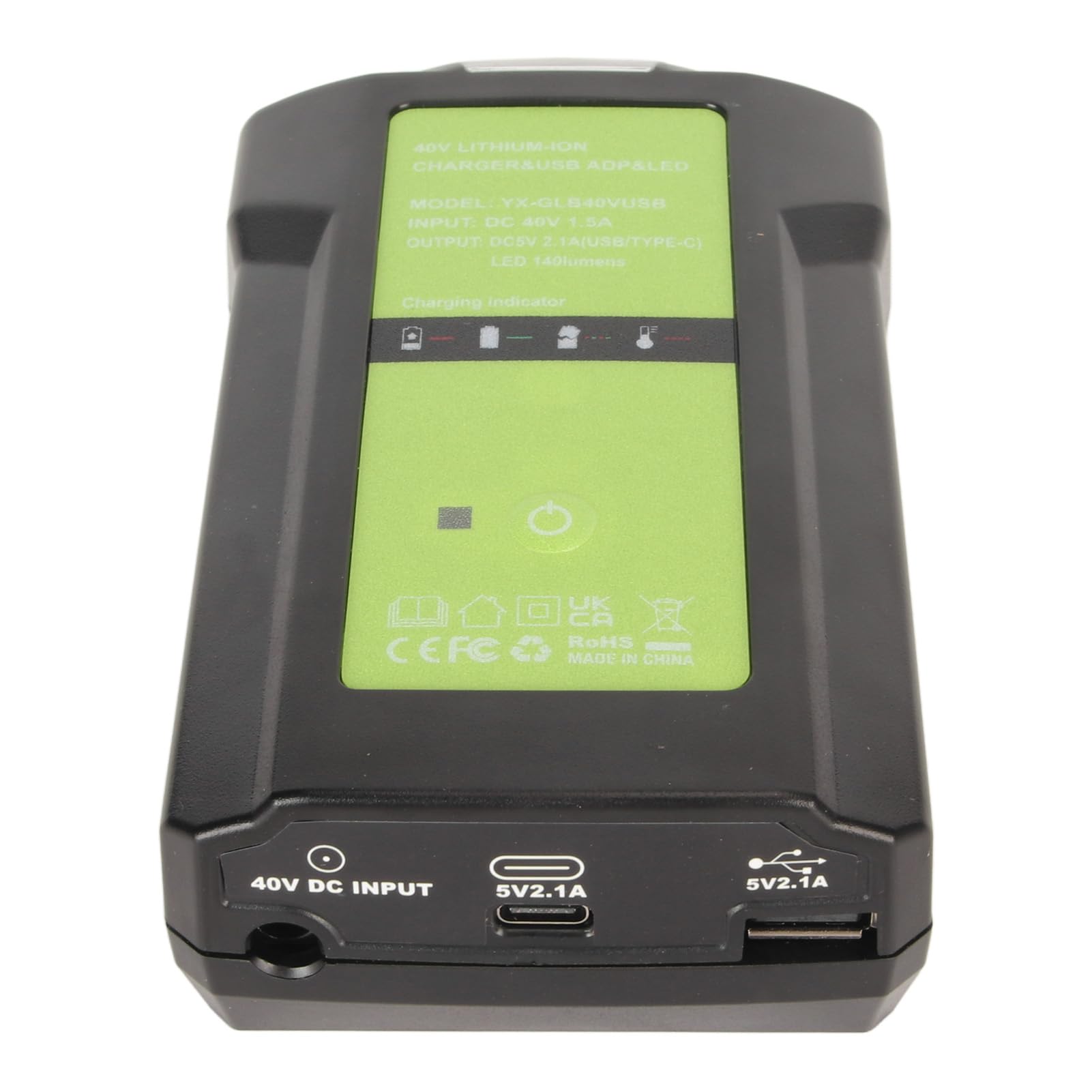 Caricabatterie 40V per Greenworks 29472 29482 29462 29252, Caricabatterie Agli Ioni di Litio con Luce LED Dimmerabile, Porta USB e Tipo C