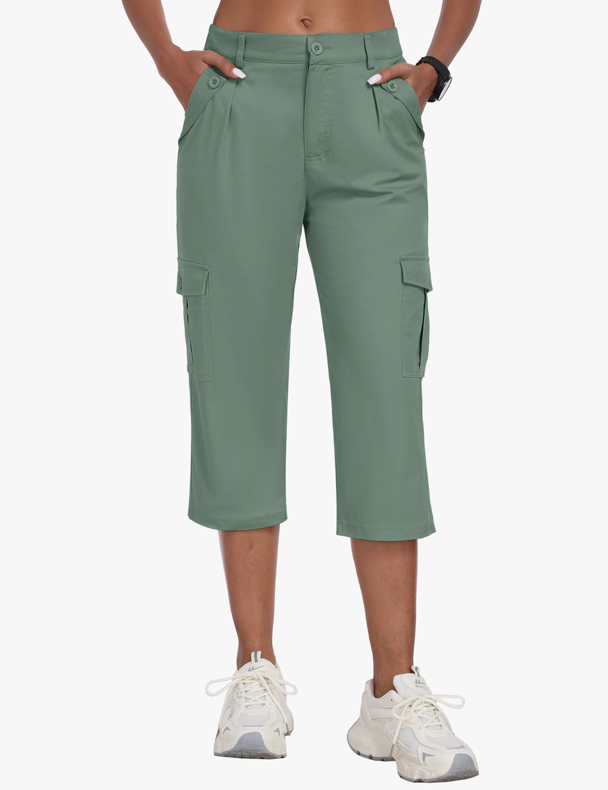 MoFiz Pantalon capri cargo pour femme avec 6 poches en coton léger pour randonnée, voyage, été, capri pour femme