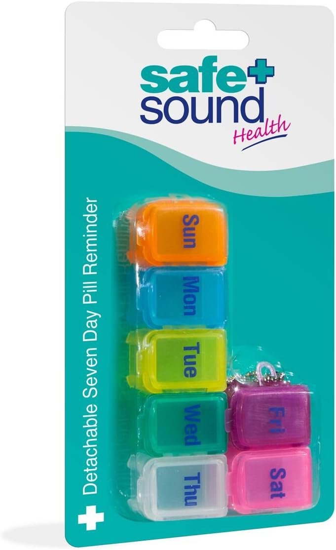 Safe and Sound Small 7 Day Pill Box, Detachable Pocket Sized Compartments, Flip-top Lids, Push-open Catch