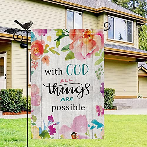 Glawry Spring Floral With God All Things Are Possible Garden Flag Double Sided 12Wx18L Inch Watercolor Flower Grey Wood Plank Farm Small Vertical Yard Flag For Outdoor Decorations Outside Decor Banner #TOP1