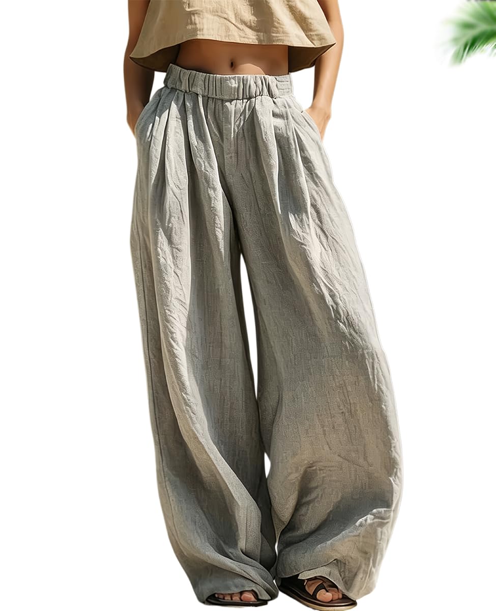 Generico Pantaloni Lunghi a Tinta Unita con Texture e Vita Elasticizzata | Pantaloni casual con vita elasticizzata e tasche oblique, ideali per viaggi, vacanze al mare e tempo libero