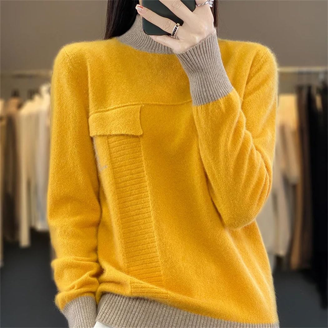 Women's 100% Merino Wool Turtleneck Knitted Sweater Tops Winter Patchwork Mock Pocket Loose Warm Pullover