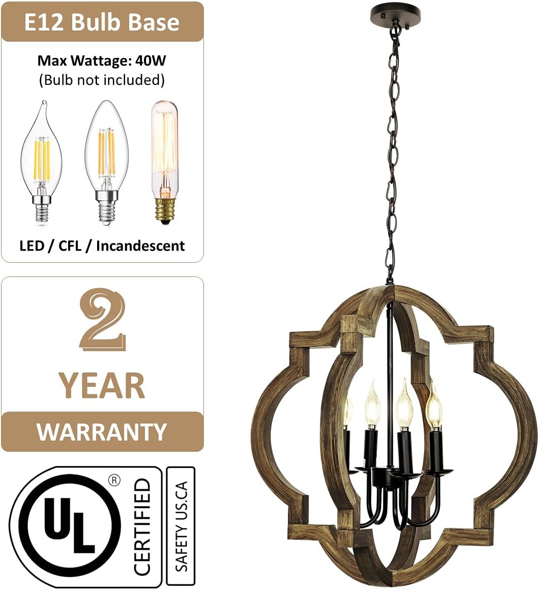 21.7" Farmhouse orb Chandelier, 4-Light Adjustable Height Handmade Rustic Wood Light Fixture for Foyer, Dining&Living Room, Kitchen Island, Entryway, Breakfast Area(Colour: Black) : Everything Else