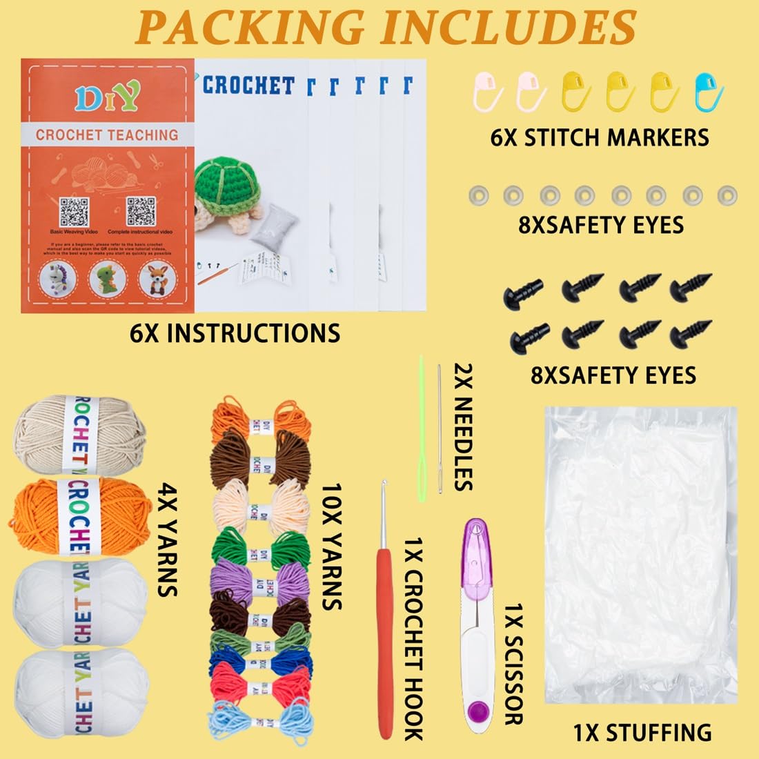 Kit de ganchillo para principiantes, kit de 6 piezas de animales de ganchillo, kit para principiantes con videos paso a paso, hilo, gancho de ganchillo, gran regalo de cumpleaños y vacaciones (kit de