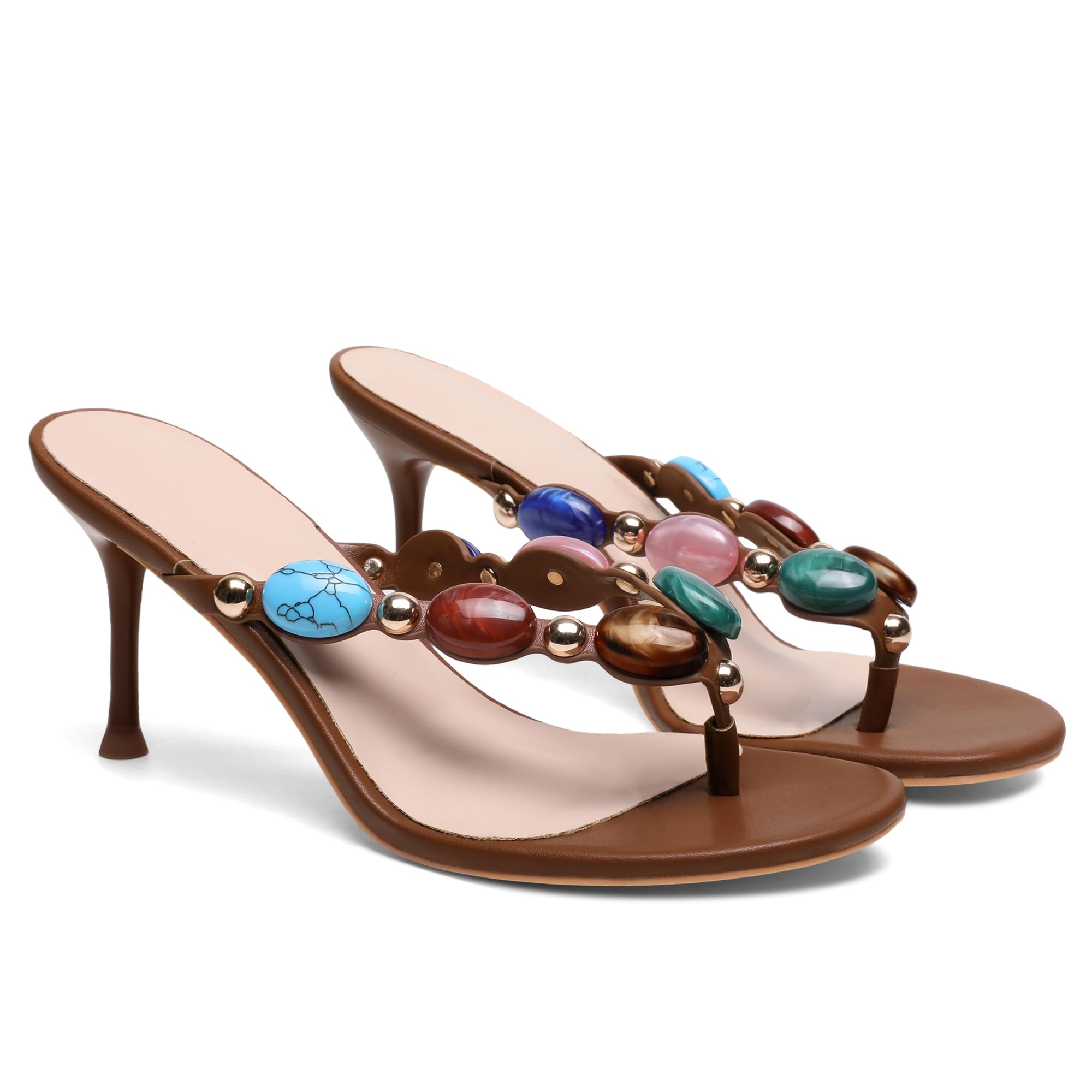 Oakmoo Women's Jeweled Thong Strappy Sandal Summer Mules Kitten Heels Flip Flop Round Open Toe Mid Heels Fashion Wedding Party Dress Thong Casual