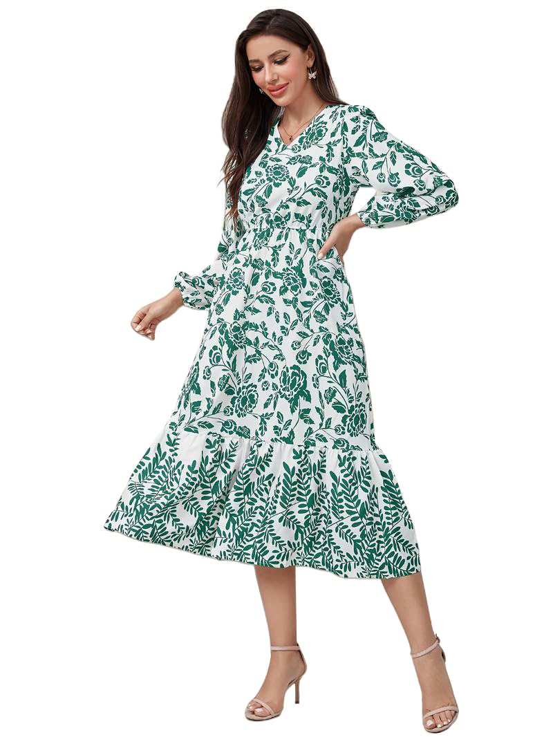Tadkee Women's Cotton Blend Classic Below The Knee Casual Dress (Fn-Floral-Dress-135-Green-Xl_Green