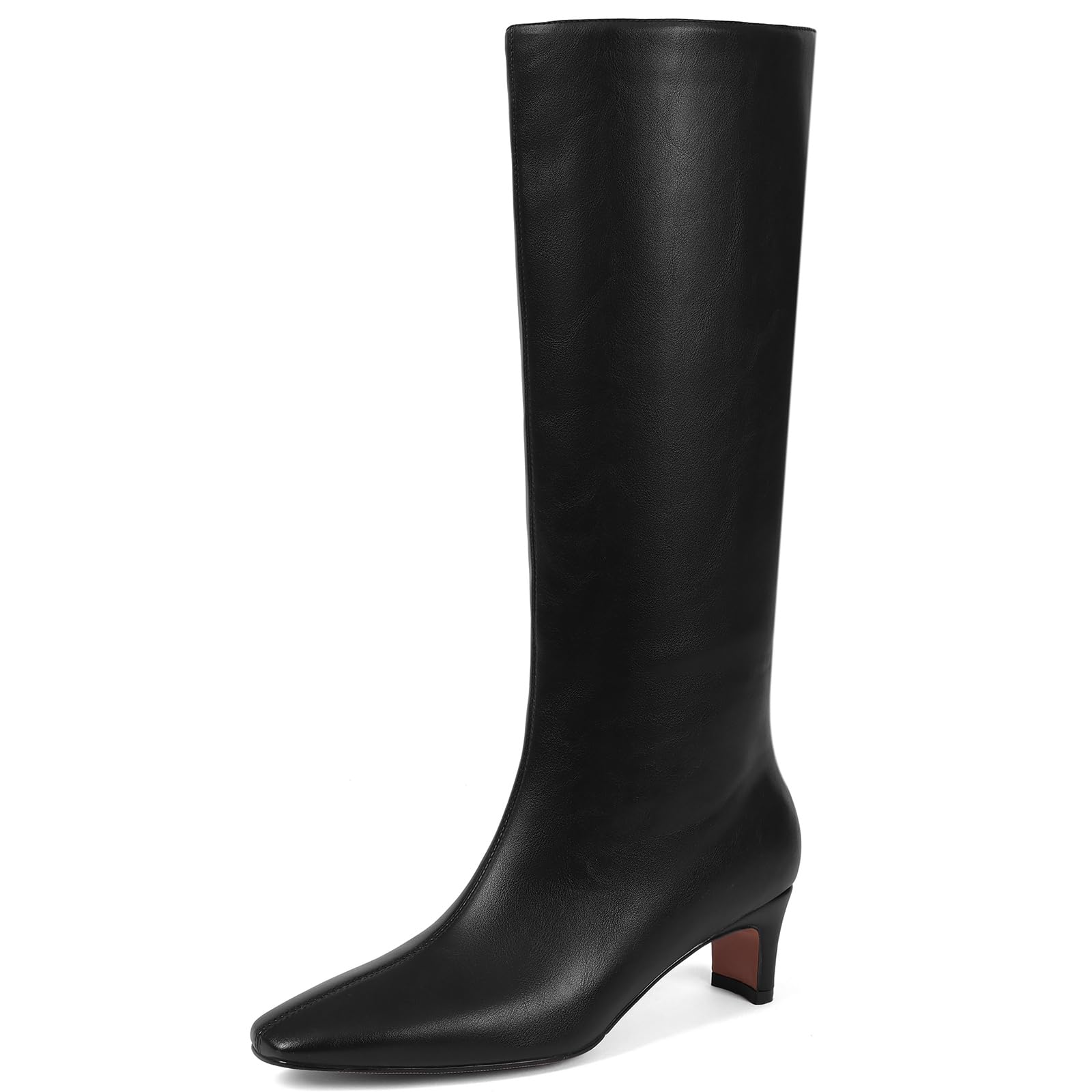 Tscoyuki Knee High Boots for Women Kitten Low Heel Square Toe Tall Boots Side Zipper Vegan Leather Heeled