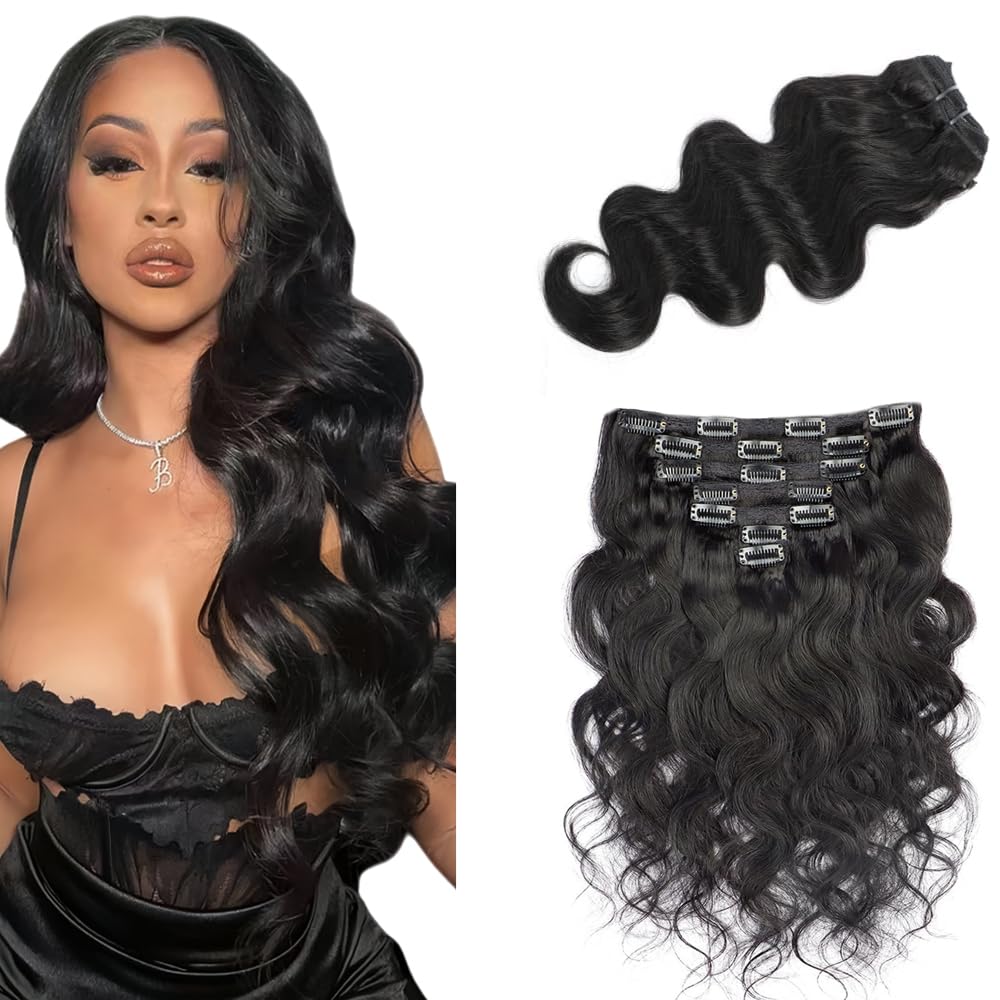 View 1 of #1B Body Wave Clip in Hair Extensions Real Human Hair, 26 Inch 120g/7Pcs,Full Shine Remy Human Hair,Natural Black Clip ins Brazilian Virgin Human Hair Extensions