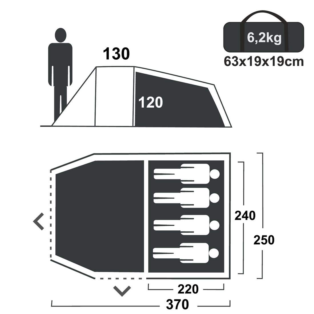 your GEAR Zelt Sopero 4 Personen Tunnelzelt mit Seiteneingang Wohnraum Fenster Wasserdicht 5000 mm UV 50+ Schutz Blau Grau