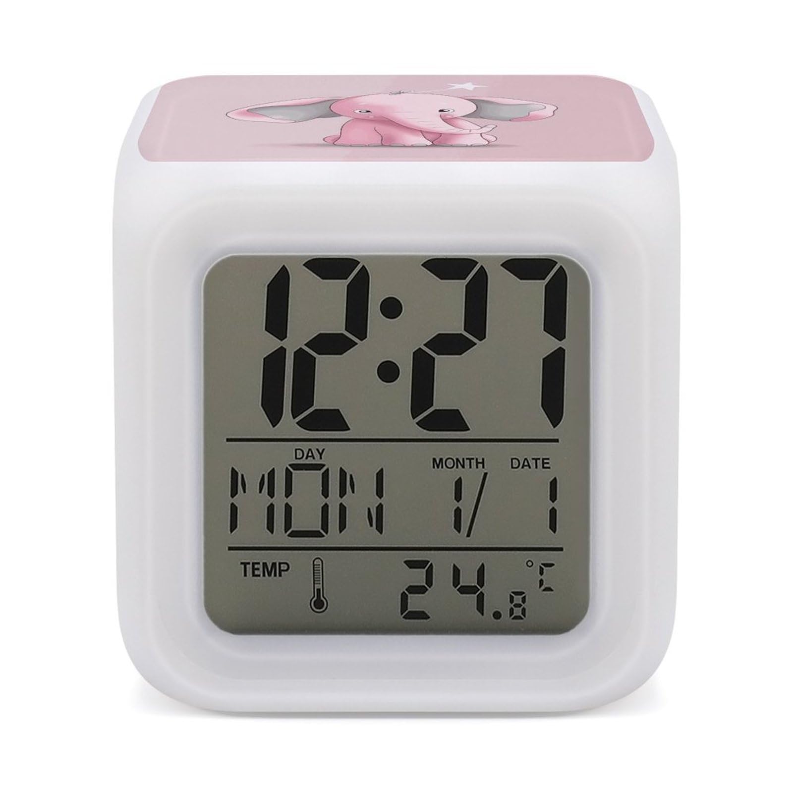 FekiLoot Pink Elephant Alarm Clock with 7 Color Changing Night Light,Battery Operated Digital Clocks with Temperature Display Tiny Electric Clock LED Sleep Timer for Room Decor