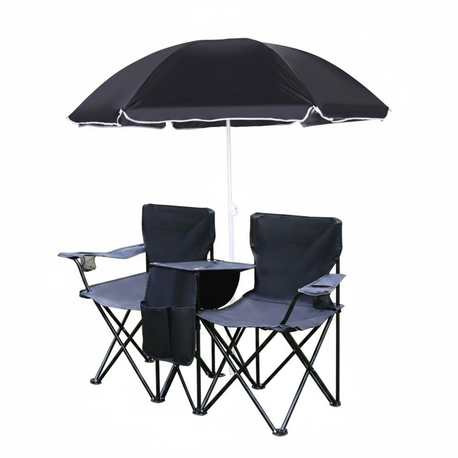 Doppelsitz Campingstuhl Klappstuhl Strandstuhl Liegesessel mit Sonnenschutz Kühlfach Halterungen Seitentaschen Starke Konstruktion Schnell Faltbar, Schwarz