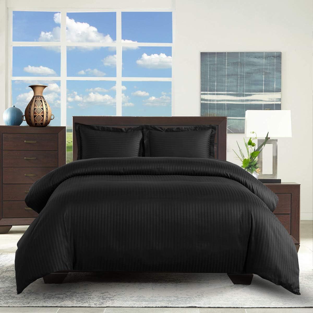 sheetsnthings Damask Stripes 300-Thread-Count, 100-Percent Cotton Twin-Twin Extra Long-XL 2PC Duvet Cover Set with Buttons Enclosure, Black