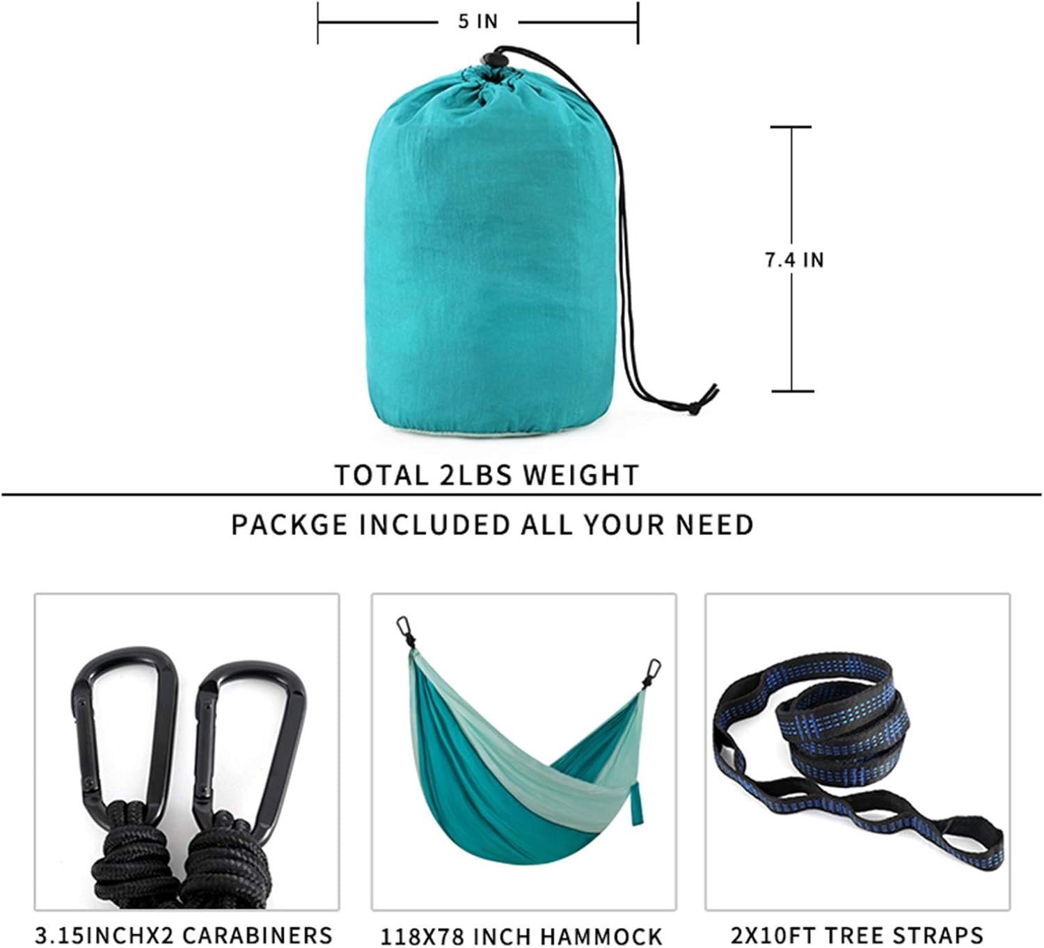 Single & Double Camping Hammock with 2 Tree StrapsLightweight Portable Parachute Nylon Hammock Set for Travel, Backpacking,Beach,Yard and Outdoor Survival (Mint Green/Turquoise, Full)