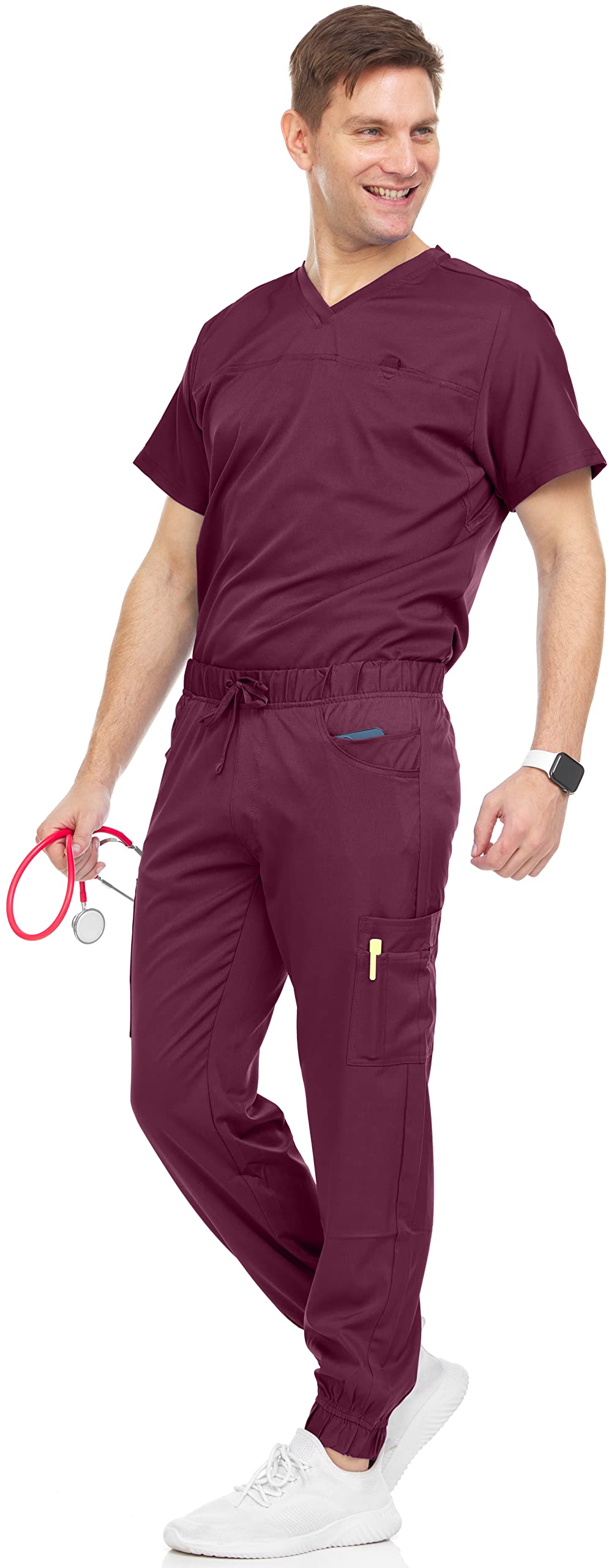MediChic Men's Scrubs Set – Stretch V-Neck Workwear, 7-Pocket Jogger Pants, Flex Medical Uniforms, Wine Small