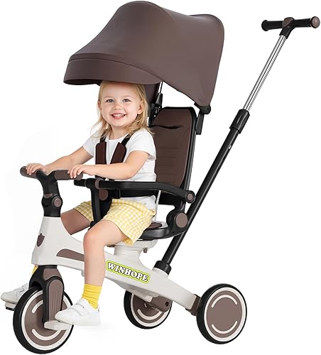 Winhope Triciclo para niños, triciclo 6 en 1 para bebés con asa de empuje ajustable, asiento reversible y toldo, cochecito de bebé para niños de 1 a