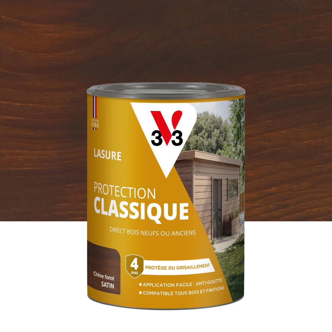 V33 Lasure Bois extérieur Chêne foncé - Protection Classique 4 ans - Protège du grisaillement - Direct bois neufs ou anciens - Texture anti-​goutte - 0,​75L