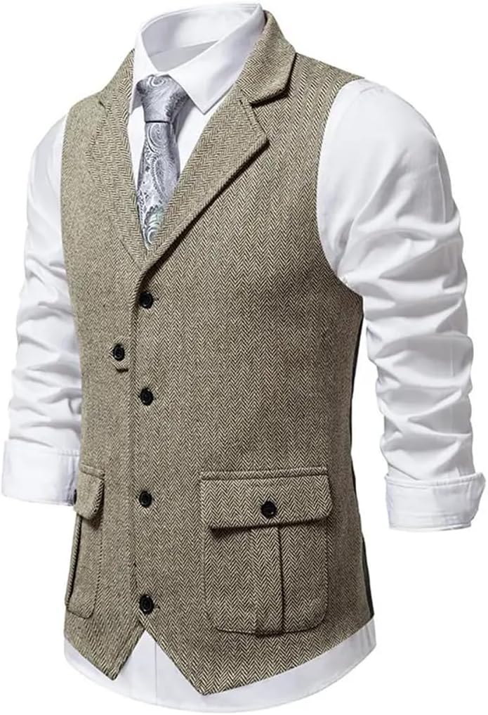 Men's Retro Suit Vest Solid Color Lapel Casual Business Slim Wedding Office Sleeveless Vest
