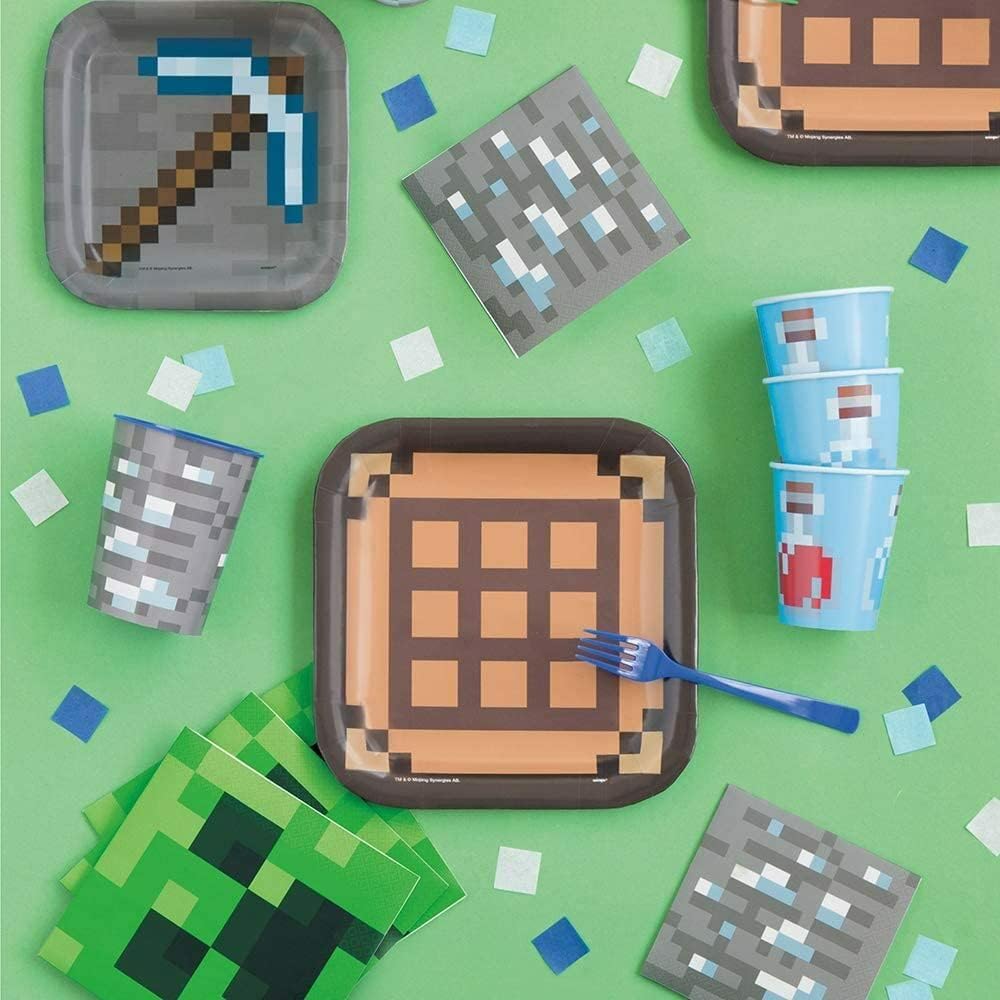Multicolor Minecraft Square Dessert Plates (7") 8 Count - Unique Design, Super Sturdy & Fun, Ideal for Geeks, Gamers & Kids Themed Parties