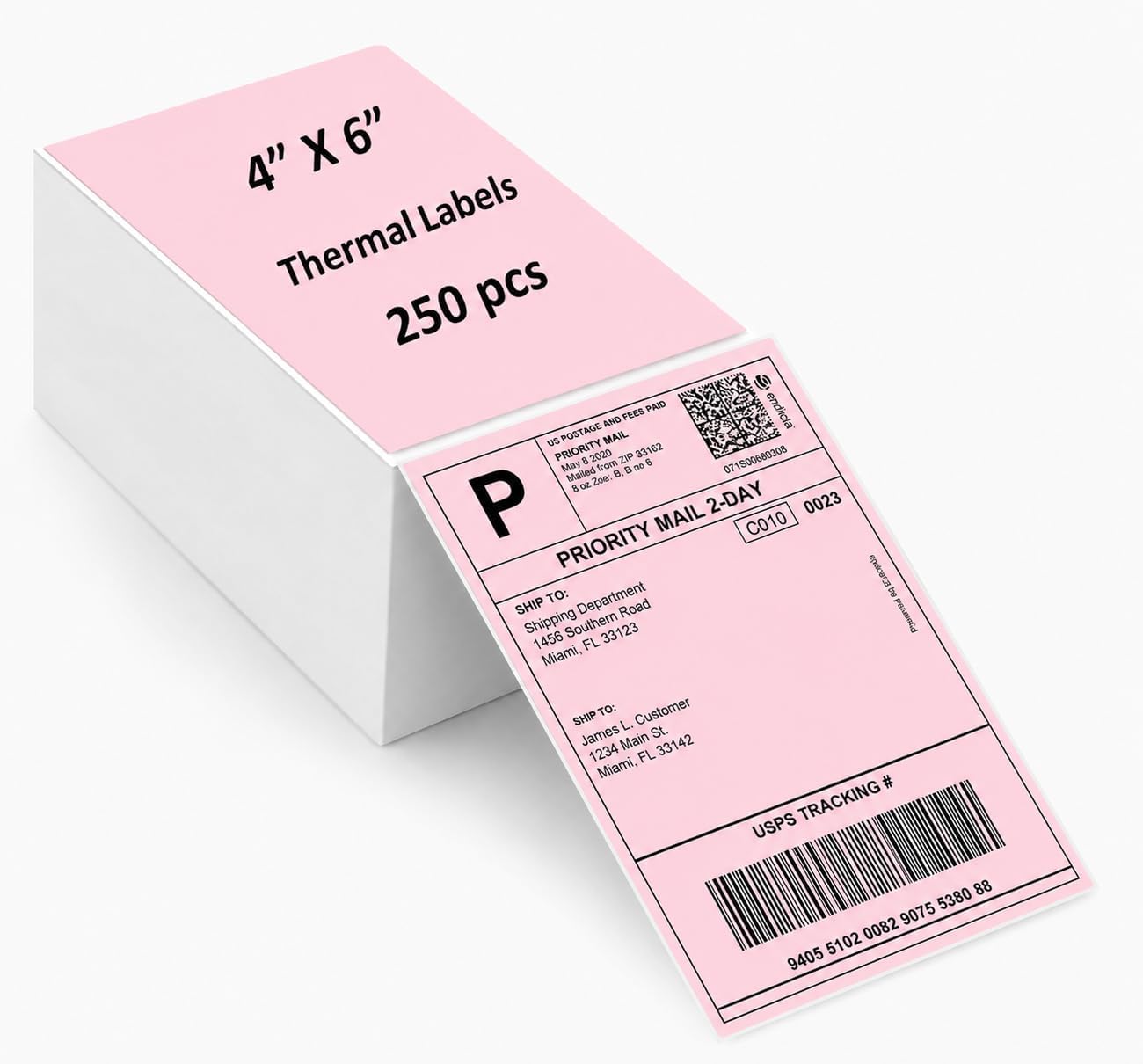 4x6 Shipping Labels, Thermal Shipping Labels, Pink Label Paper, Shipping Label Paper, Direct Thermal Printer Paper 4x6, Label Printer Paper, Waterproof Thermal Paper, 250 Labels Stack (250, Pink)