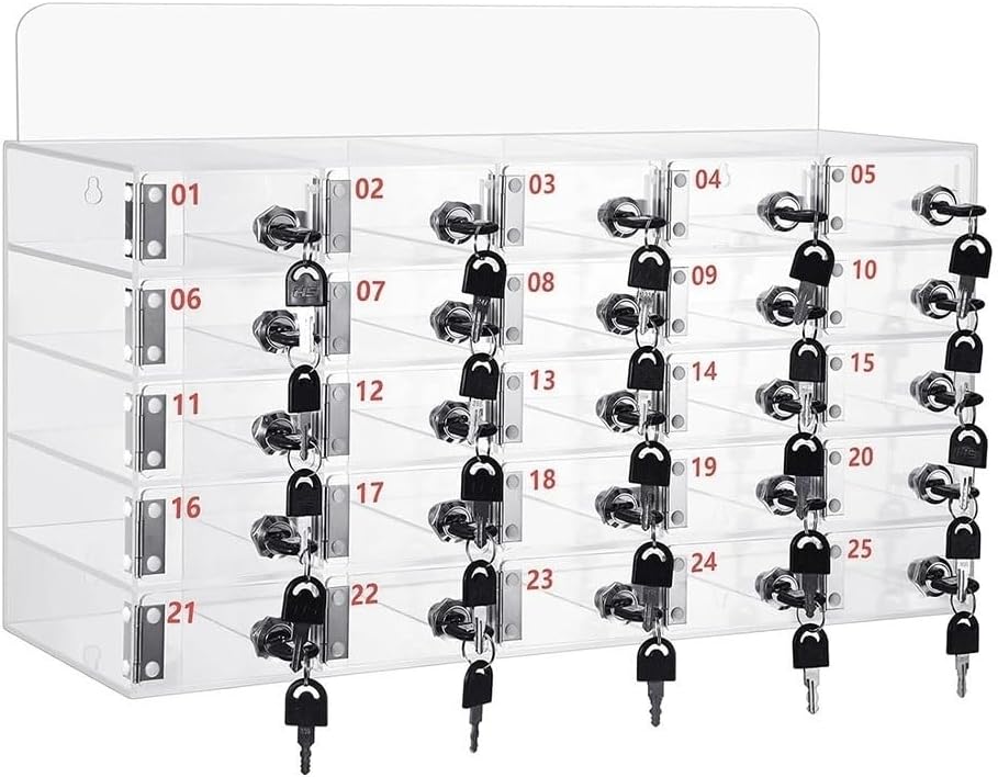 25-Slot Clear Mobile Phone Storage Locker Box with Lock - Classroom & Office Cell Phone Organizer for Exams, Gym, and Students - Secure Storage Solution