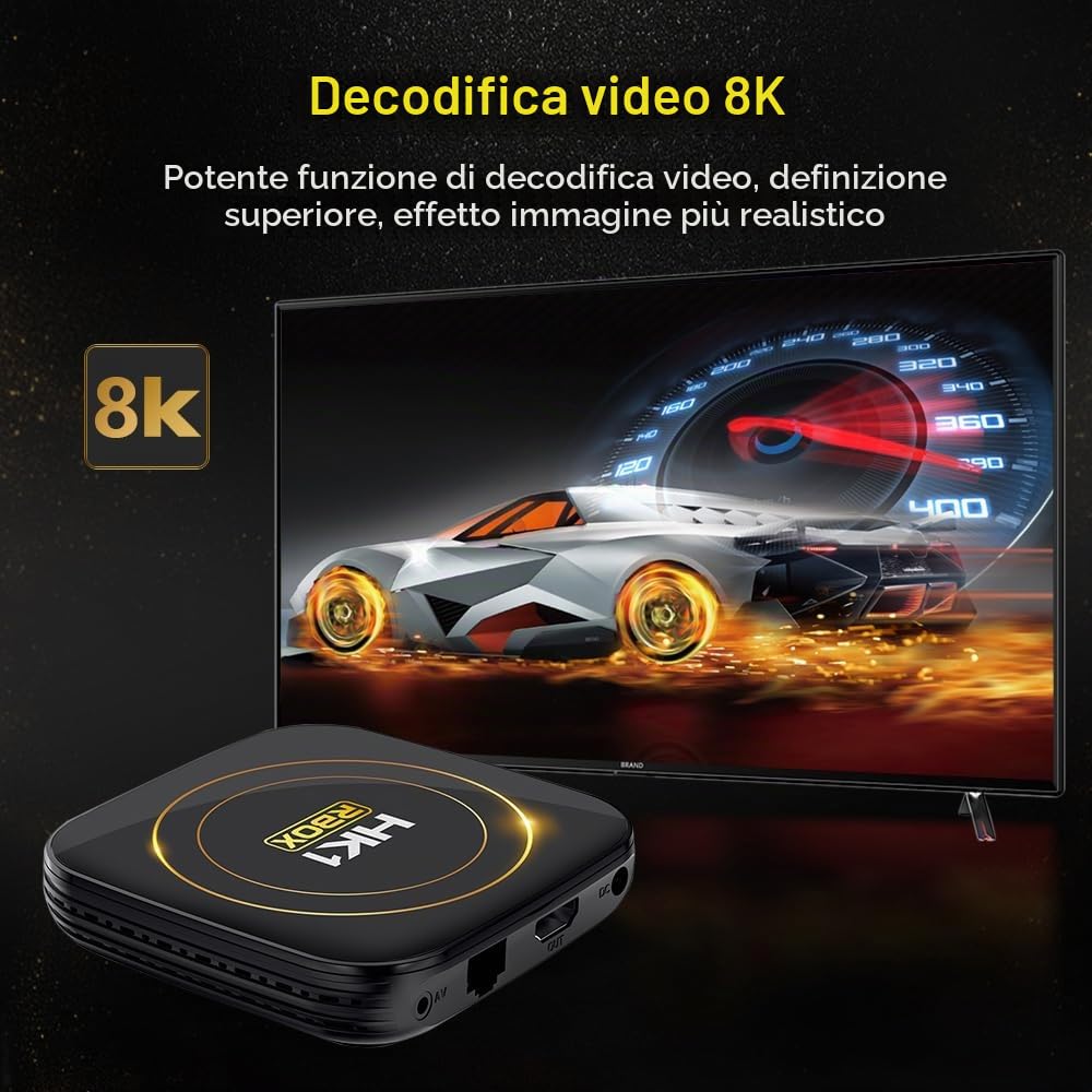 HK1 RBOX Android 12.0 TV Box con 4GB RAM 64GB ROM H618 CPU | Supporta WiFi da 2,4 GHz/5,8 GHz, Bluetooth 4.0, decodifica 8K H265 per lettore multimediale