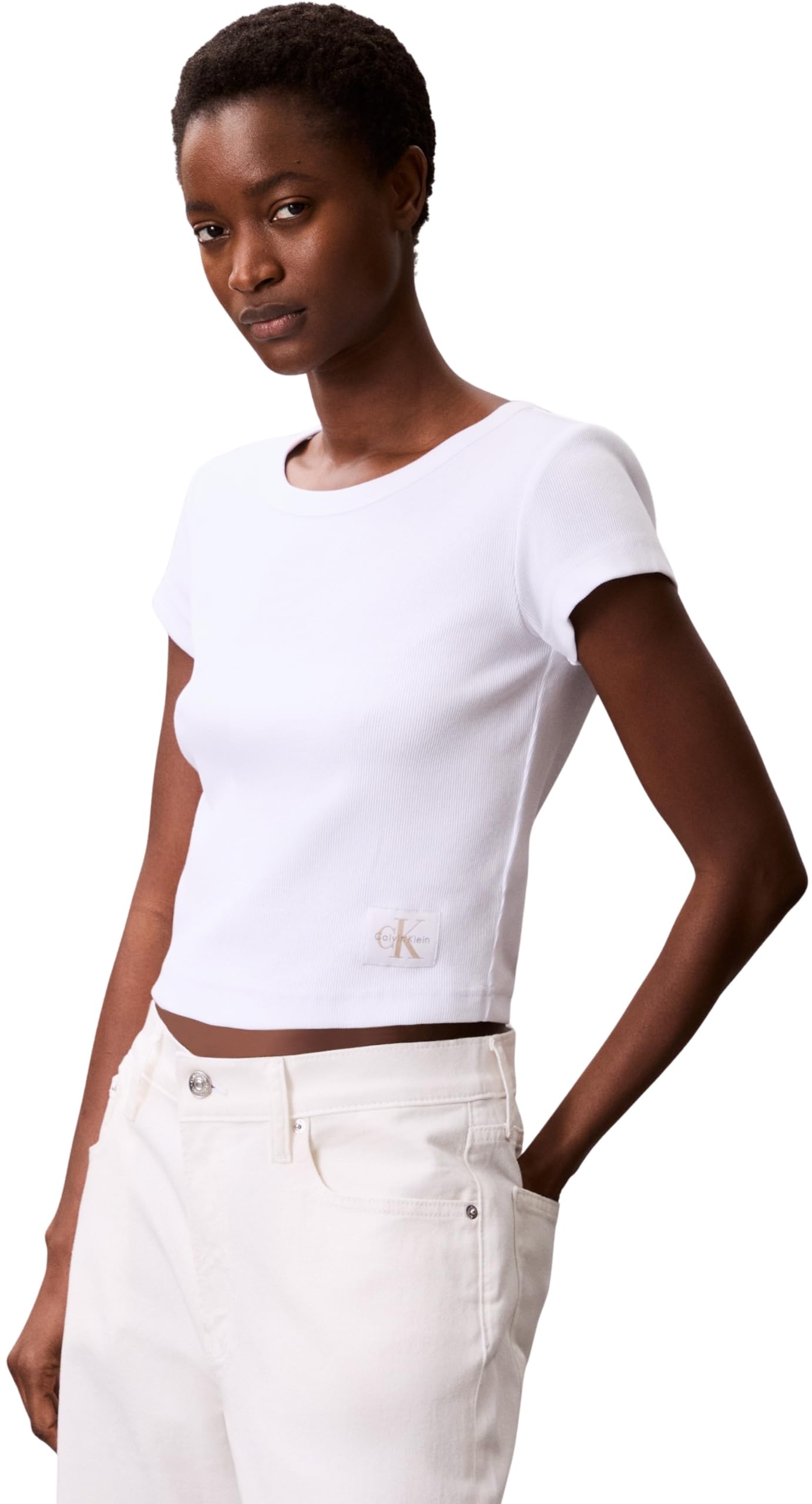 Calvin Klein Women’s Short Sleeve Round Neck Woven Label Rib Baby Tee, White (Brilliant White), XS