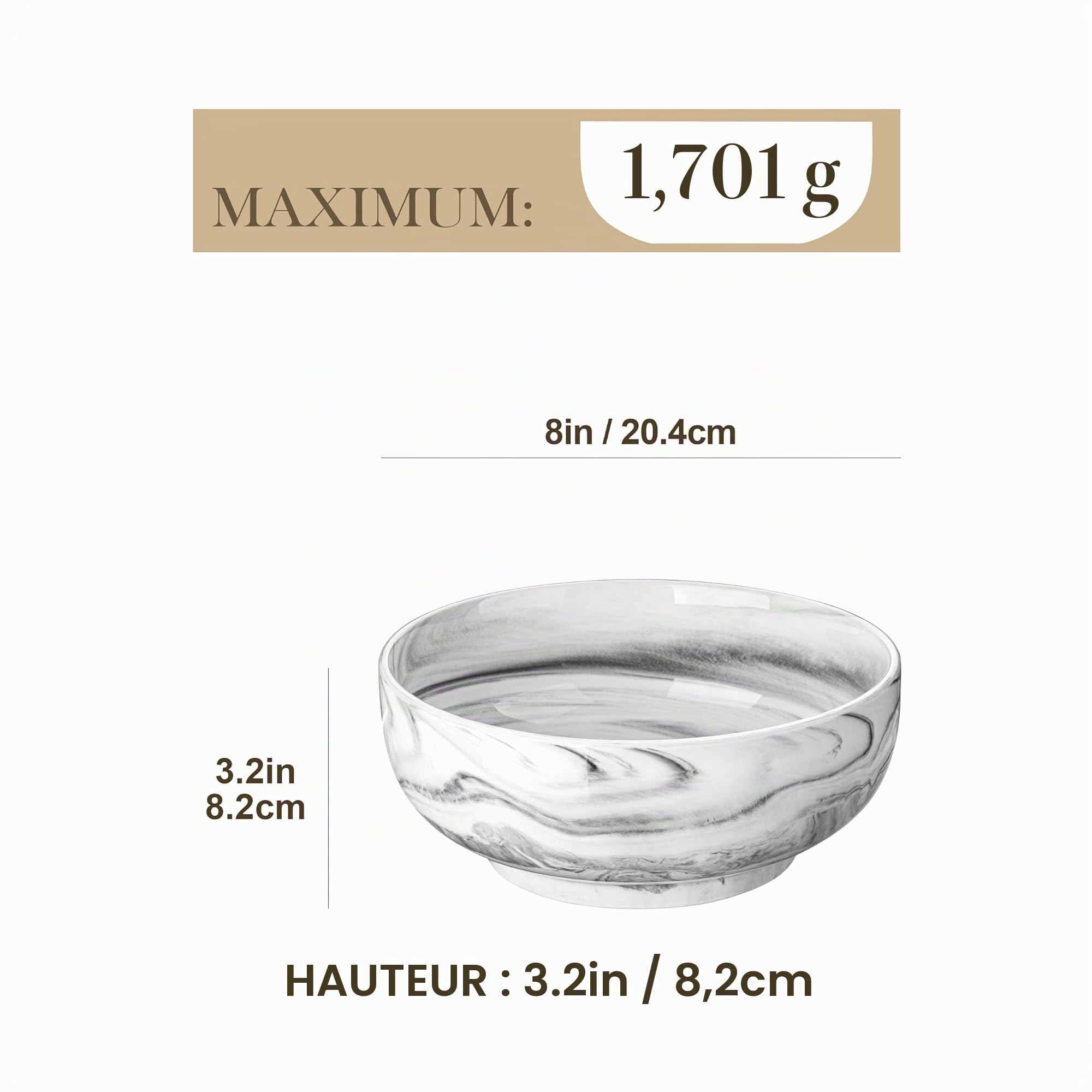 MALACASA Série REGULAR Saladiers en Porcelaine Marbre 1780ml, 2 Grands Bols en Ceramique pour Soupe Pâtes Salade Nouilles Fruits, 20,4cm Bols Rondes Passe au Micro-ondes et au Lave-vaisselle