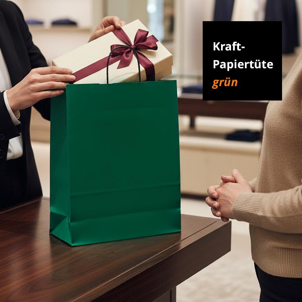 Papiertasche edel & stabil | 150 Stück grün 32+14x42 cm | Qualität aus deutscher Produktion | Tragetasche aus Papier | HUTNER