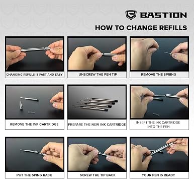 BASTION Black Gel Ink Refill Bolt Action Pens, 0.55mm Fine-Point Tip, Deeply Pigmented Black Gel Replacement Cartridge in Metal Casing, Gel 2-Pack