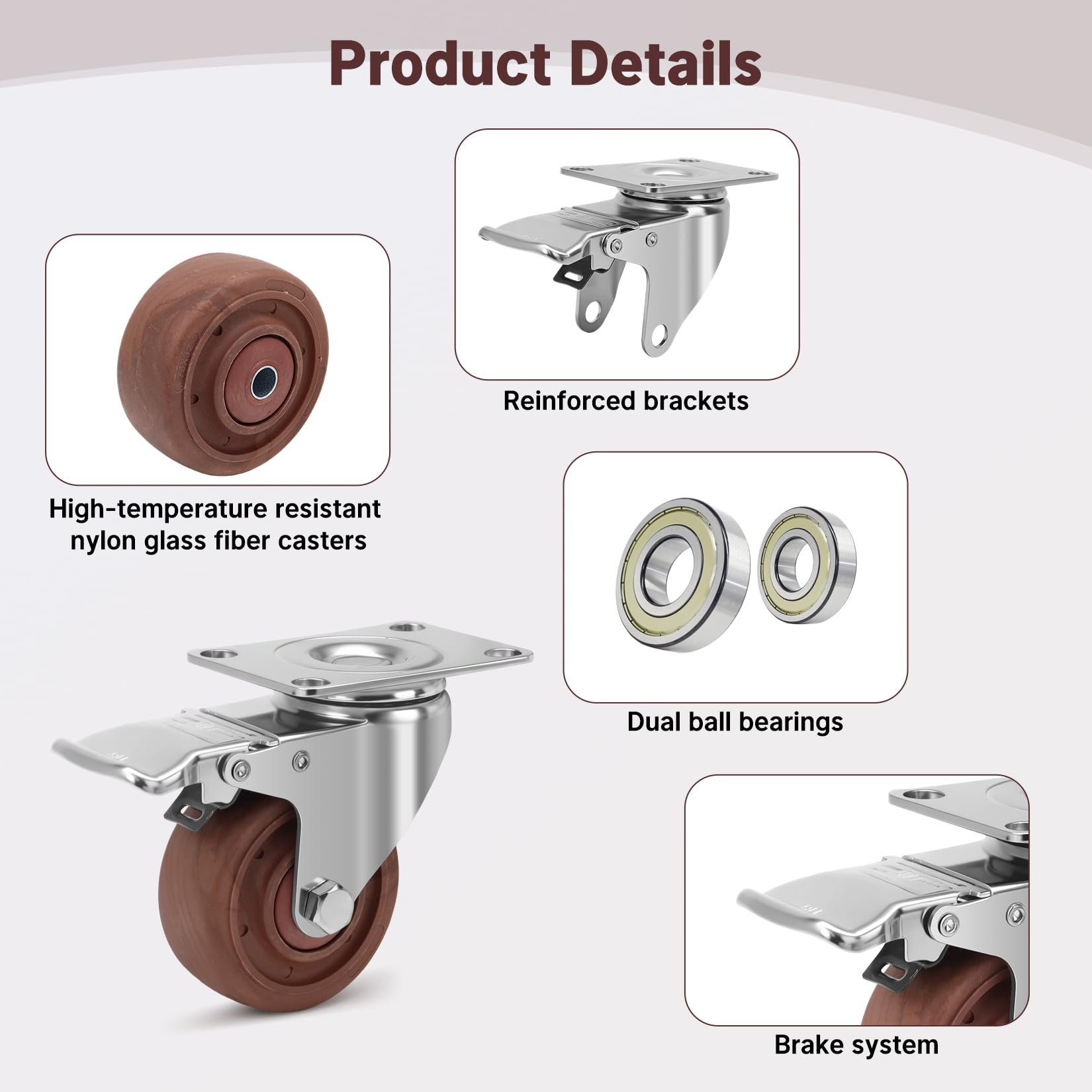 75mm Rotelle Resistenti alle alte Temperature Portata 540KG, 360° Ruote per Mobili con Freno, Ruote Girevoli per Carichi Pesanti per Griglia da Forno, Carrello Barbecue, Set di 4