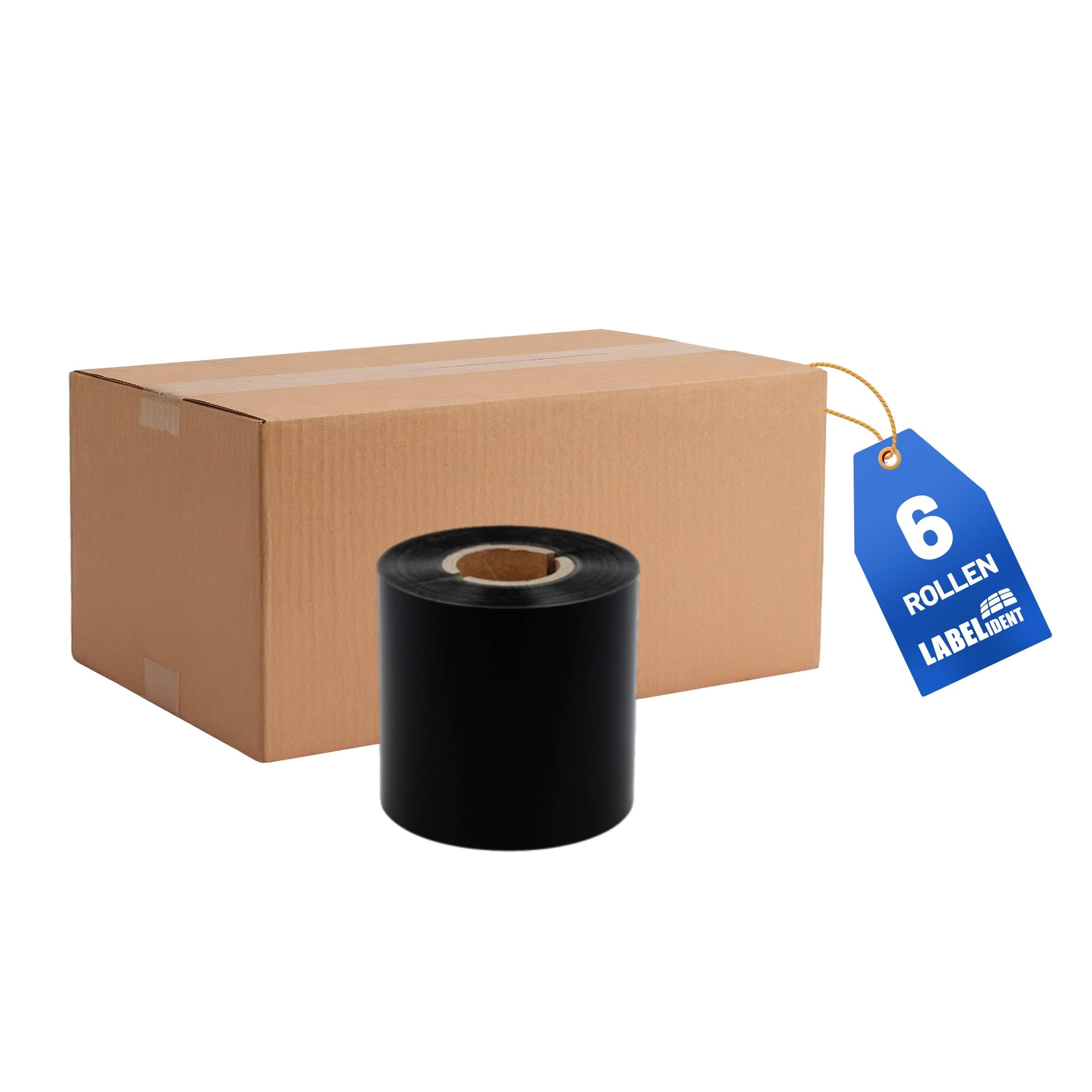 Labelident Thermotransfer Farbband Wachs/Harz schwarz 80mm x 450m - 6 Rollen, Außenwicklung, kompatibel Zebra TSC GoDEX, für beschichtete Papieretiketten