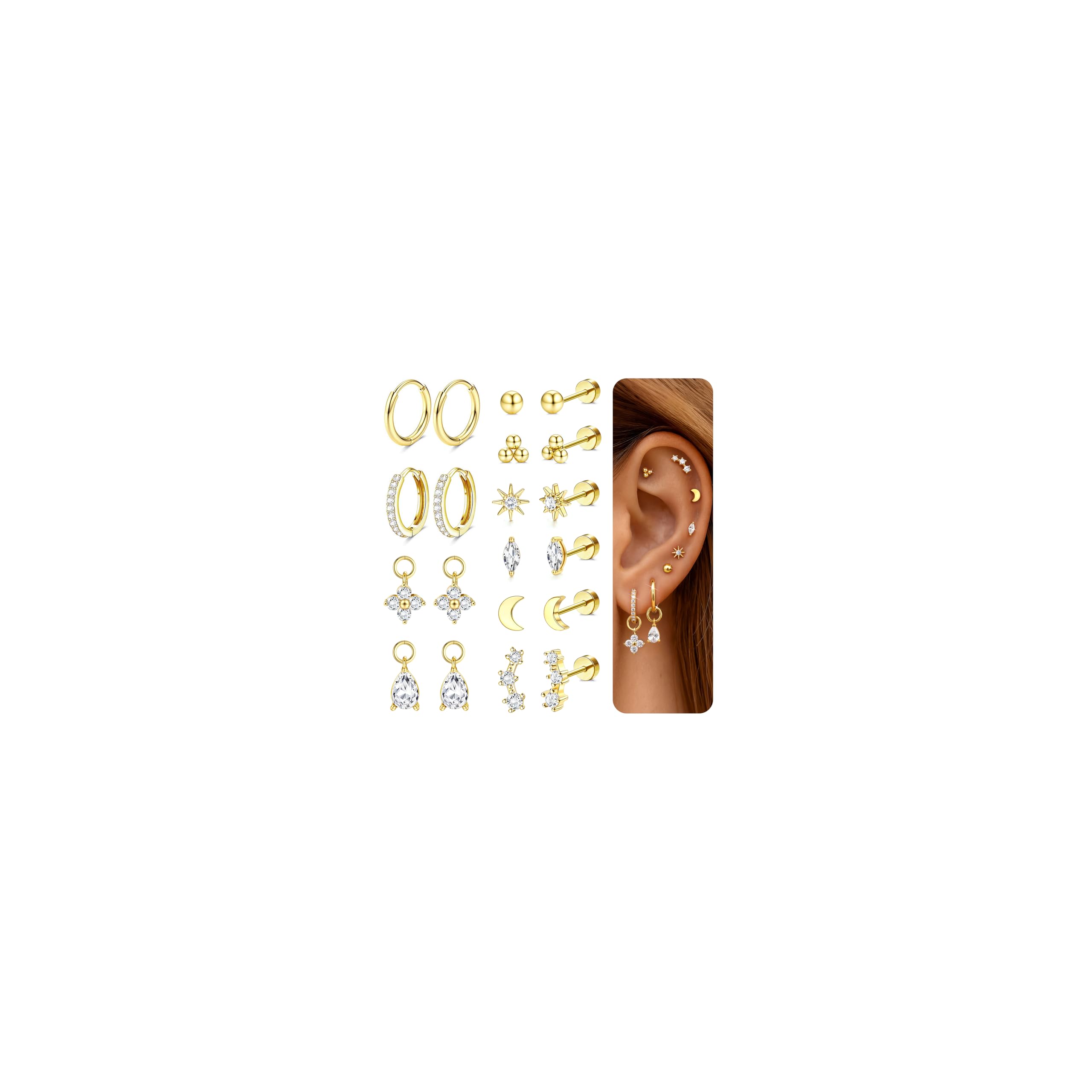 CASSIECA Zestaw 10 par kolczyków ze stali chirurgicznej 316L, kolczyki medyczne i kreole do wielokrotnego piercingu, pozłacane 14-karatowym złotem, helix, tragus, do uszu, kolor srebrny