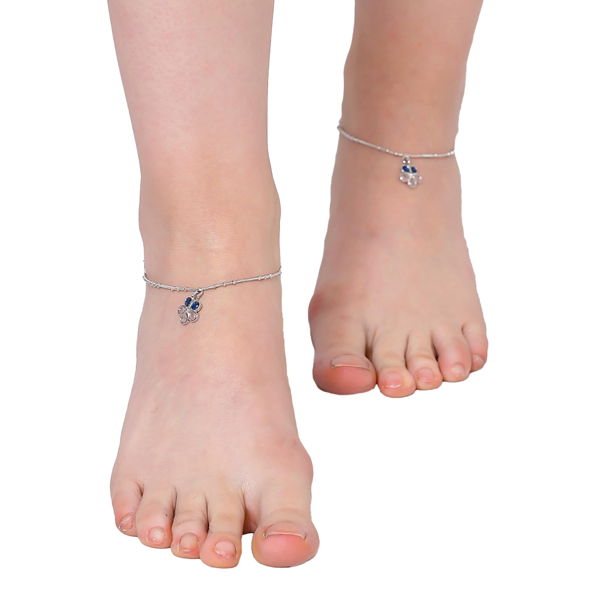 Set Of 2 Rhodium-Plated Floral Anklets
