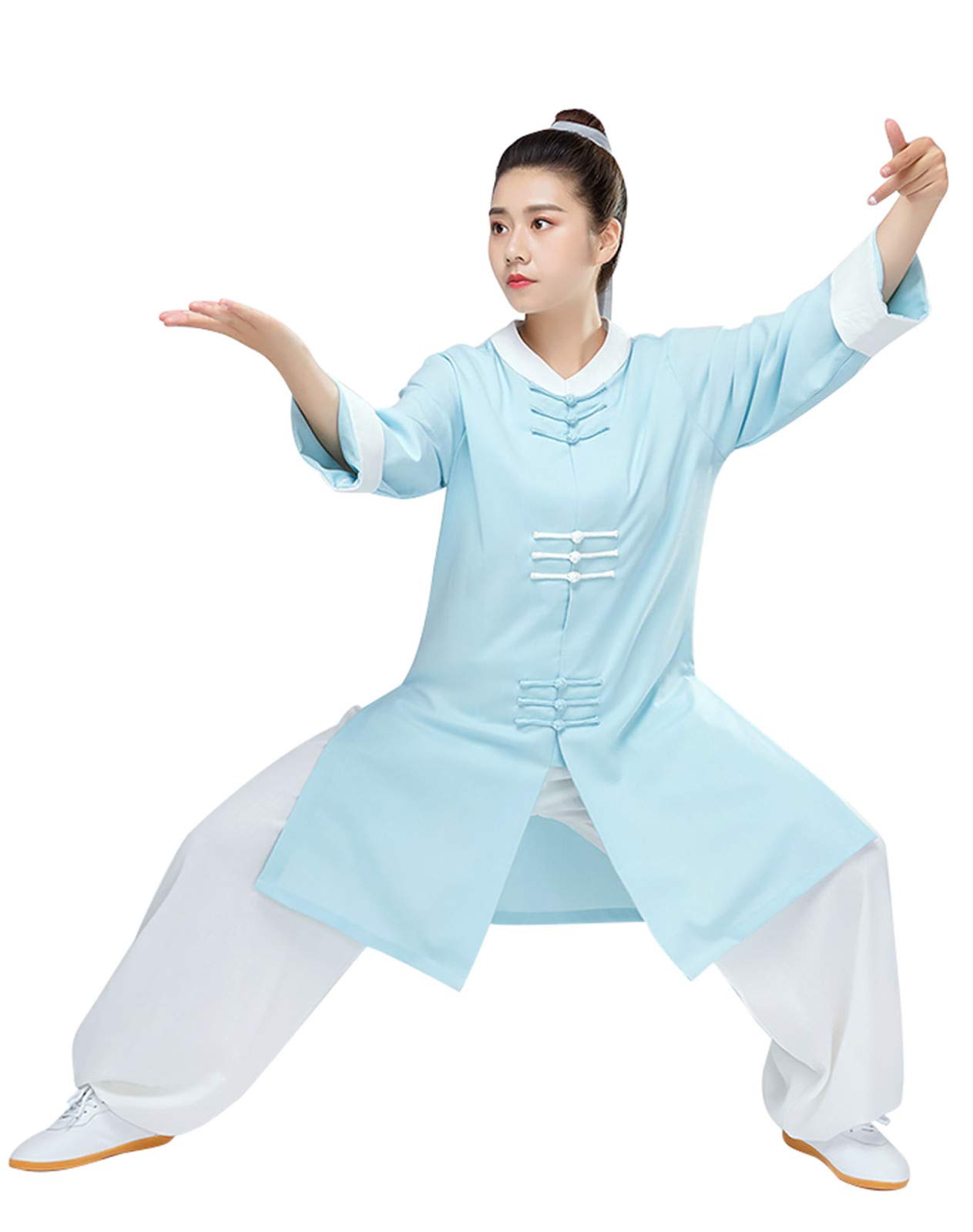 Tai Chi Clothing Female Spring and Summer Casual Linen Cotton Chinese Style Tai Chi Kung Fu Martial Arts Practice Clothing Male,BlueTop+WhitePants-M (Bluetop+whitepants Medium) (Bluetop+whitepants S)