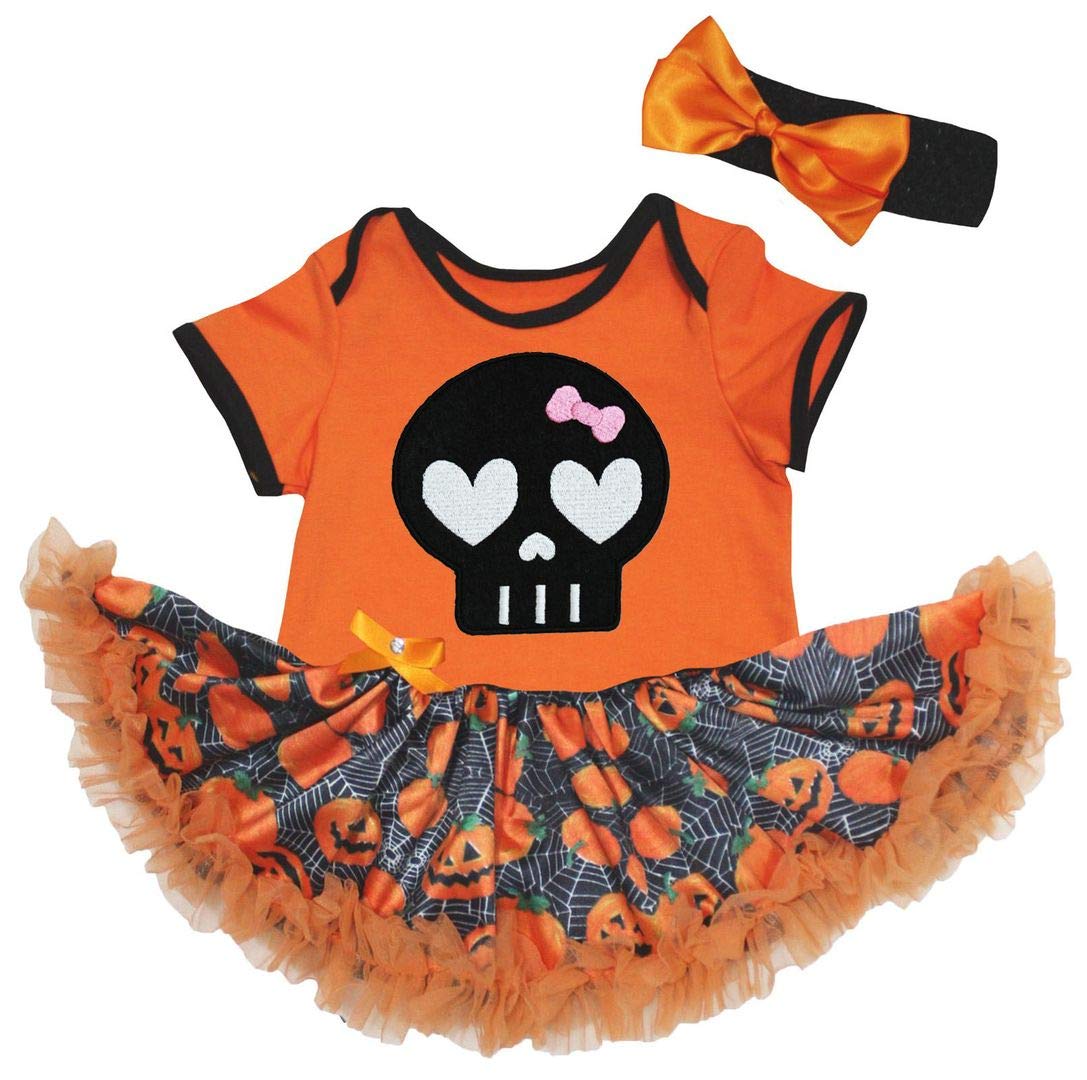 Petitebelle Orange/Cobweb Black Skull Face Bodysuit Tutu Baby Dress Nb-18M (, 6-12 Months)
