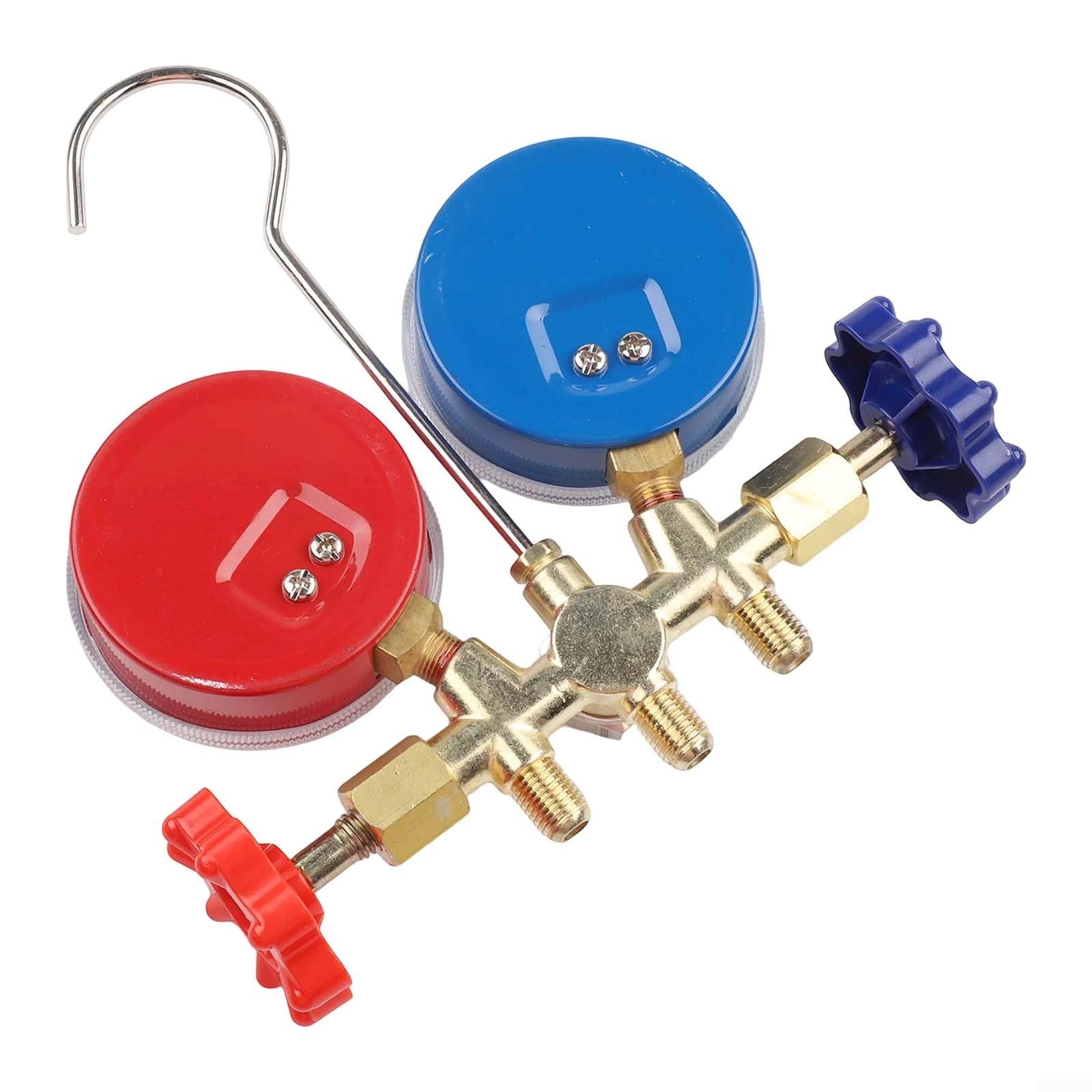 R134A Kit de manómetro de aire acondicionado de coche, manómetro con válvula doble, juego de herramientas de llenado de recarga de CA (A)