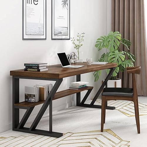 Miniatura 5 de Mesa moderna de madera maciza de metal escritorio de computadora de oficina en casa escritorio de estudio con estante de almacenamiento tablero de