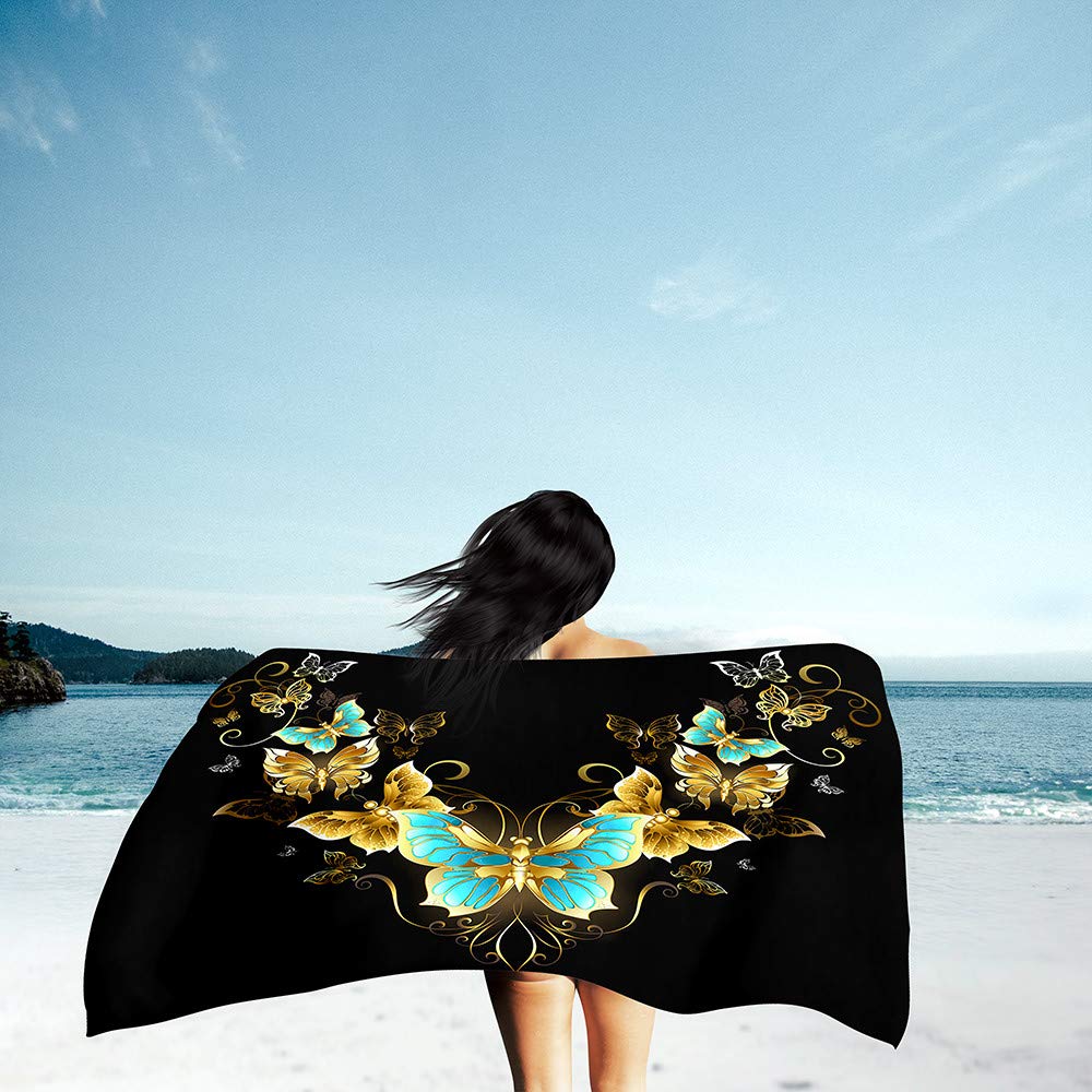 FANSU Telo Spiaggia Grande in Microfibra, Stampa della Farfalla 3D Antisabbia Asciugatura Rapid Leggero Asciugamano da Bagno Telo per Yoga, Piscina e Vacanze (Nobile Blu Dorato,80x180cm