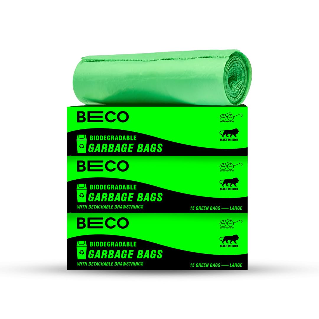 Eco-Friendly Garbage Bags | 45 Pcs | Large- 24 x 32 Inches | 15 Bags x 3 Rolls | Green | Dustbin/Trash Bags with Detachable Drawstrings | For Dry & Wet waste