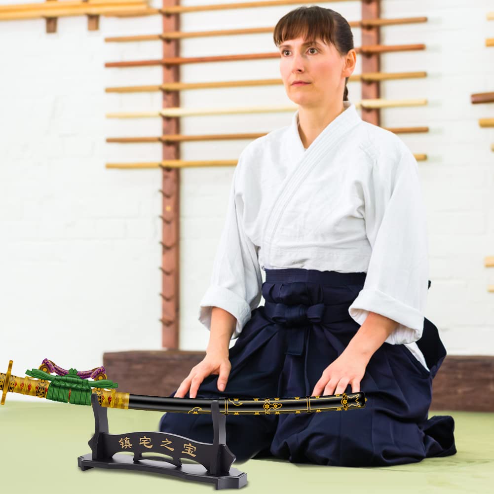 OLYCRAFT Soporte de madera para katana y espadas samurái, soporte de exhibición de espadas negras con personaje chino