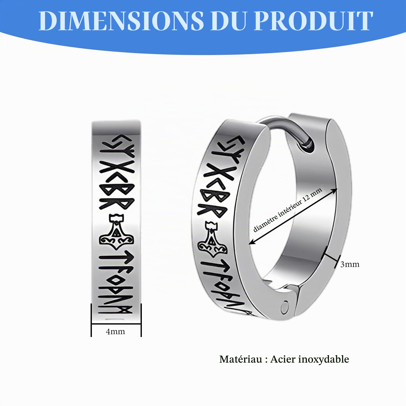 4 Paires Viking Homme Boucle d'Oreille Runes Nordiques Créoles Acier Inoxydable Boucle d'Oreille Homme Créole Petit Anneau 1,2 cm Boucles d'oreilles Noir Argent Piercing Oreille Männer Femme