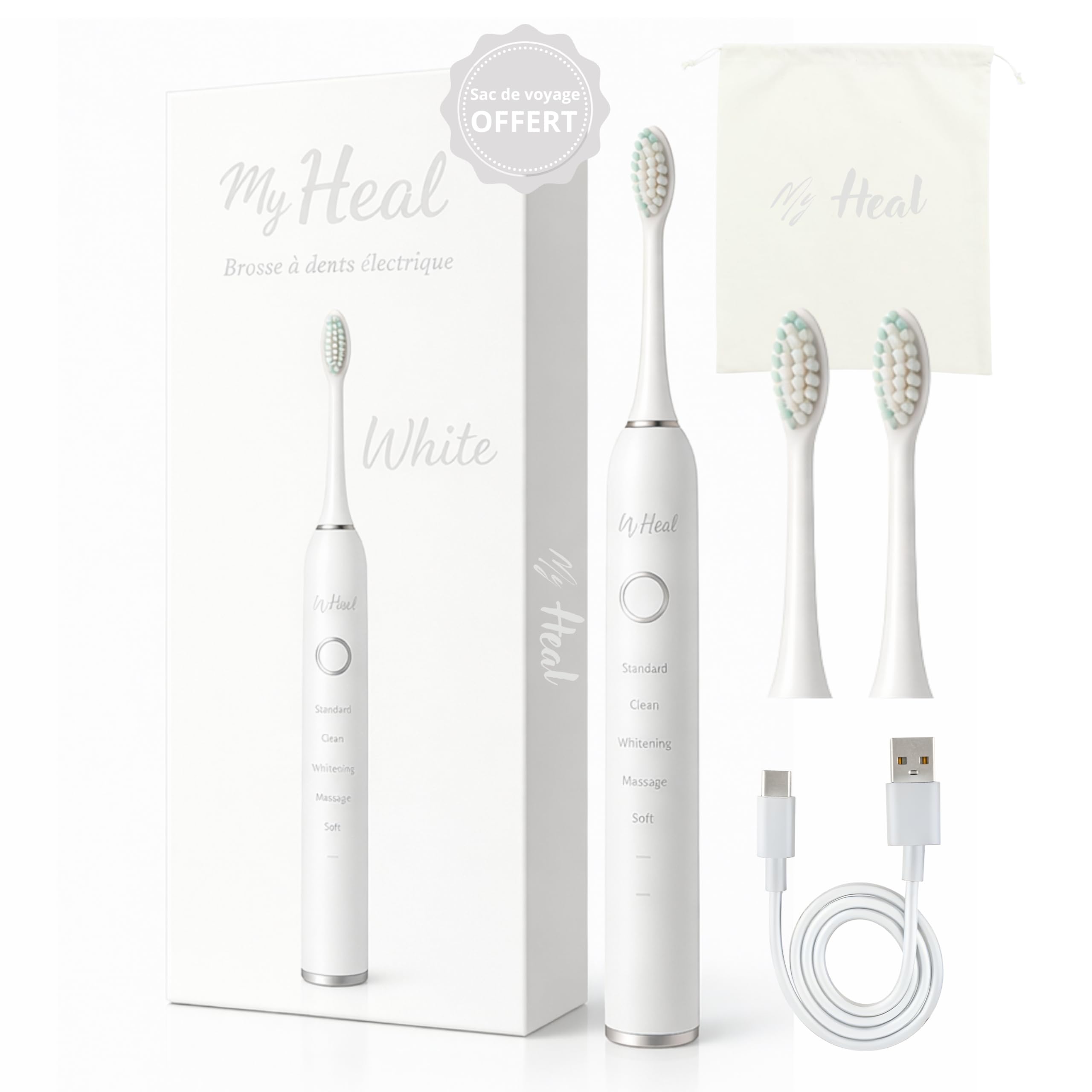 * MY HEAL* | Cepillo de dientes eléctrico sónico | 3 meses de duración | 5 modos de cepillado con temporizador de 2 min integrado | Recargable USB | Paquete de 1 cepillo de dientes y 2 cabezales de